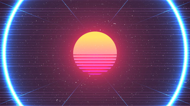 Cyberpunk background. 80s Sun vector illustration. Retro future neon glow. Blue round shape. Horizontal laser lines. Old TV effect. Grain texture. Sci-fi virtual space design. Cyberpunk Sun