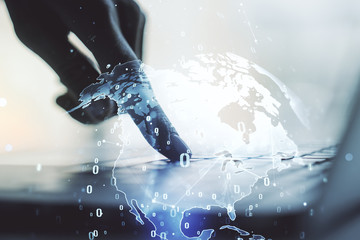 Poster - Multi exposure of abstract programming language hologram with world map and hands typing on computer keyboard on background, artificial intelligence and neural networks concept