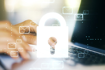 Poster - Creative light lock illustration with postal envelopes and hands typing on computer keyboard on background, cyber security and email protection concept. Multiexposure