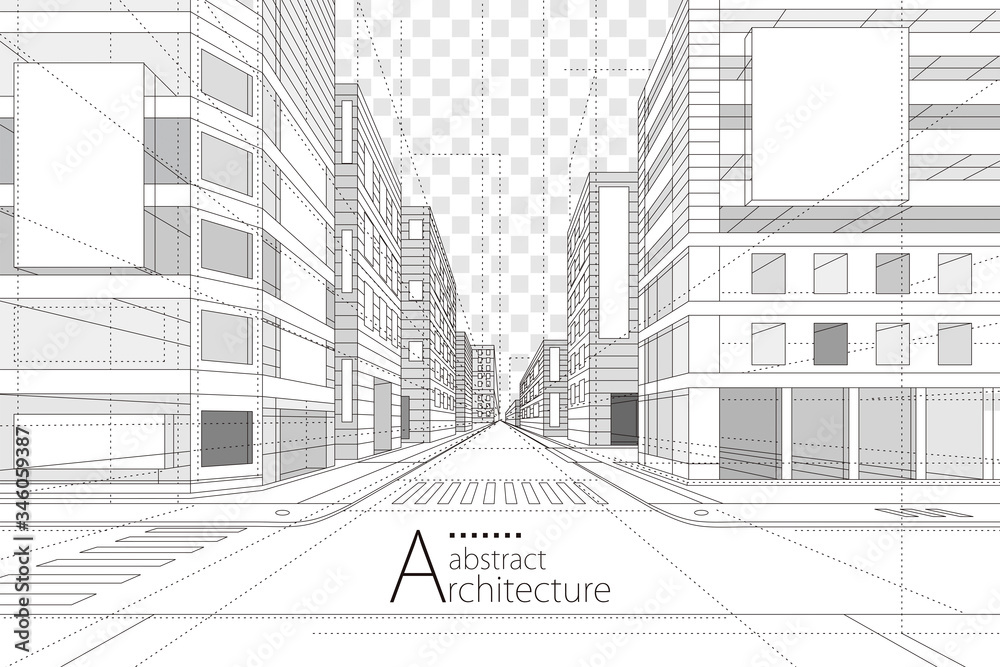 Architecture building construction perspective design,abstract modern urban street building line drawing. - obrazy, fototapety, plakaty 