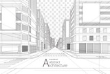 Fototapeta  - Architecture building construction perspective design,abstract modern urban street building line drawing.