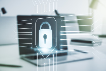 Poster - Double exposure of creative lock hologram with chip on laptop background. Information security concept