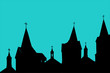 Cityscape silhouette with spires on churches. crosses on the top of cathedral
