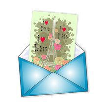 An Envelope With The Postcard. I Love Paris. Vector Illustration On A White Background.