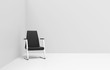 Black armchair in the corner of a grey room. 3D illustration