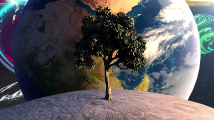 Poster - Computer generated futuristic composition. Tree on the moon in front of the Earth planet against the backdrop of celestial bodies and stars. 3D rendering elements of this image furnished by NASA