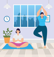 Sticker - young women practicing in the living room vector illustration design