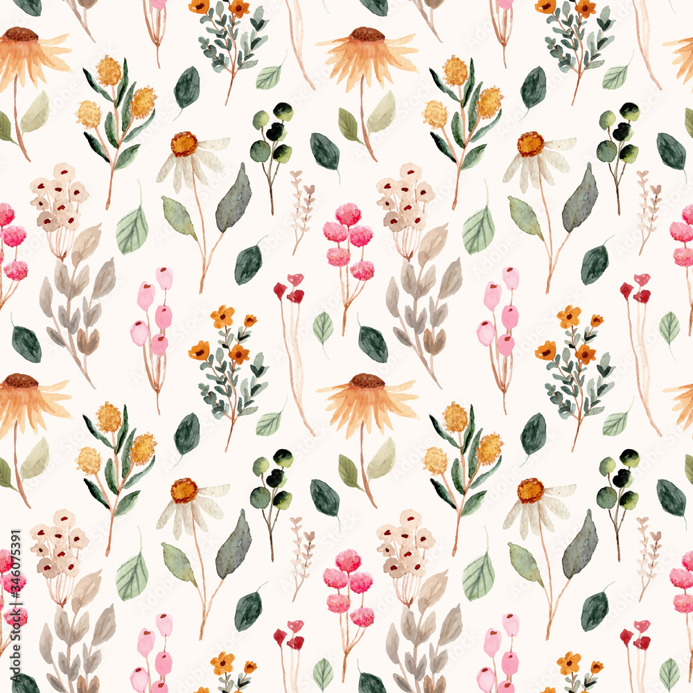beautiful flower meadow watercolor seamless pattern - obrazy, fototapety, plakaty 