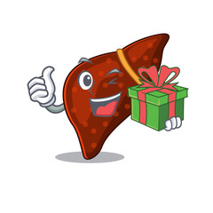 Wall Mural - Smiling human cirrhosis liver cartoon character having a green gift box