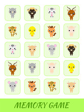 Clipart Cards Game Template Find Two Same Pictures. Memory Game For Kids. Education Developing Worksheet. Logical Thinking Training. Set Of Cute Cartoon Animals. Vector Stock Illustration.