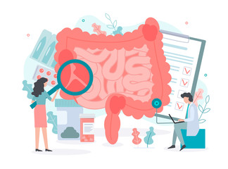 Wall Mural - Diagnosis and treatment of the bowel. Medical concept with tiny people. Flat vector illustration.