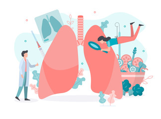 Wall Mural - Diagnostics of diseases of the pulmonary system.  Lungs health. Medical concept with tiny people. Flat vector illustration.