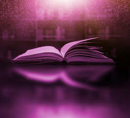 Poster - the concept of education by planting a tree of knowledge in the opening of an old book in the librar