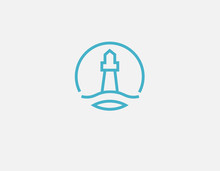 Creative Blue Round Linear Logo Icon Lighthouse And Sea.