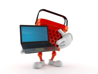 Poster - Shopping basket character holding laptop