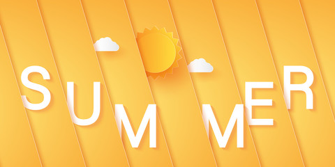 Wall Mural - abstract bright orange diagonal overlay background with sun, cloud and lettering, paper art style
