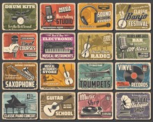 Music Instruments Shop, Live Concert And Recording Studio, Vector Retro Posters. Classic Music Radio, Guitar Store, Jazz Fest Saxophone And Piano School, Singer Vocals Courses And Blues Bar