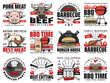 Barbecue grill party and butchery meat vector icons. Burger house, charcoal BBQ grill time and picnic party, pork and beef steaks on fire flames, butcher cutlery knife and fork