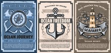 Nautical And Marine Vintage Posters With Anchor And Ocean Waves, Frigate Boat With Sails, Lighthouse And Chains, Seafaring Navigation Compass With Wind Rose. Marine Travel And Adventure Vector