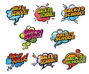 Poster - Back to school vector comics speech bubbles, education symbols. Cartoon halftone chat, thought and scream balloons, dialogue, talk and word clouds with Back to School quotes. Retro comics bubbles