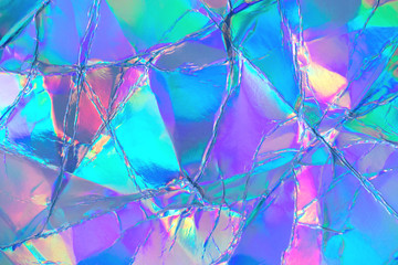 Poster - Blurred abstract Modern pastel colored holographic background in 80s style. Crumpled iridescent foil real texture. Synthwave. Vaporwave style. Retrowave, retro futurism, webpunk