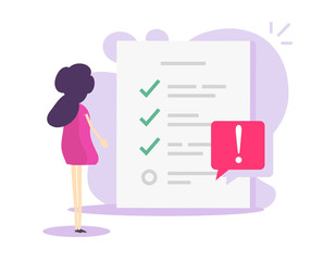 Fototapete - Important task or to do check list reminder notice message on paper form and woman person or scheduled agenda checklist with main major checkmark memo vector flat illustration