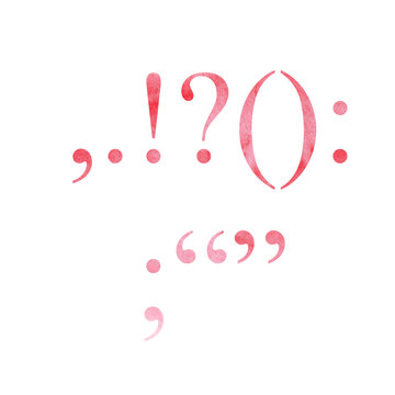 red watercolor punctuation marks isolated on a white background. font, text. For design invitation, card, poster