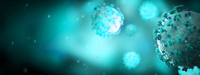 Poster - Microscopic close-up of the covid-19 disease. Coronavirus illness spreading in body cell. 2019-nCoV analysis on microscope level 3D rendering