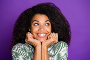 Sticker - Close up photo of lovely sweet afro american girl look copyspace enjoy imagination inspiration wear modern youth outfit isolated over purple color background