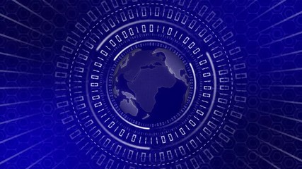 Poster - Motion graphics background - binary code in abstract rotation speed motion - earth map in rotation and hexagon elements on the background