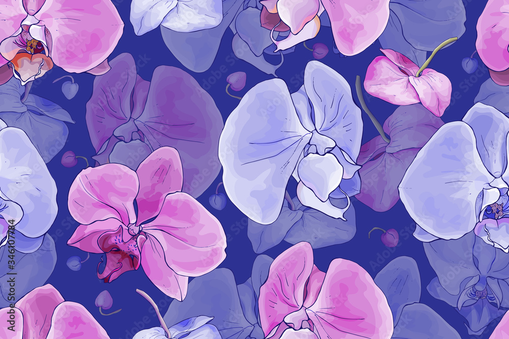Floral seamless pattern with pink and purple flowers orchid on dark ...