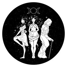 Three Women Figures, Symbol Of Triple Goddess As Maiden, Mother And Crone, Moon Phases. Hekate, Mythology, Wicca, Witchcraft. Vector Illustration