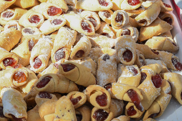 Traditional vanilla crescent rolls sweet dessert delights, pastry during hotel brunch buffet outside