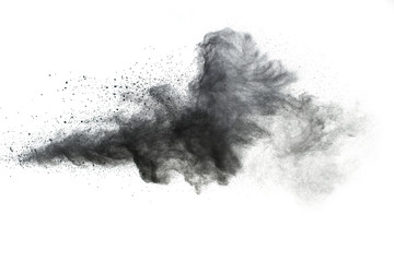 Black powder explosion.The particles of charcoal splash on white background.