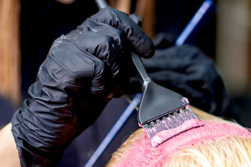 Closeup of hands of hairdresser dyeing hair of woman in pink color. Dyeing hair of woman.