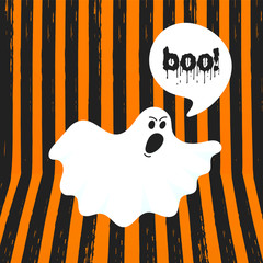 Wall Mural - Boo ghost halloween message concept. Flying halloween funny spooky ghost character say BOO with text space in the speech bubble vector illustration isolated on orange striped background.