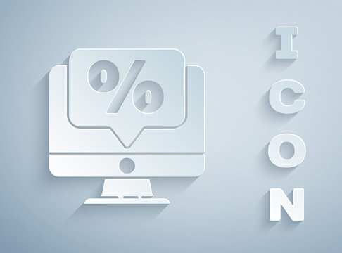 Paper cut Percent discount and monitor icon isolated on grey background. Sale percentage - price label, tag. Paper art style. Vector Illustration