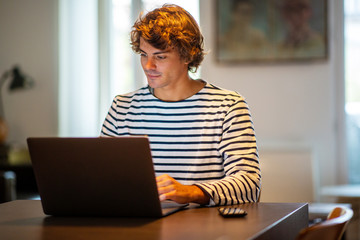 young man sitting at home using laptop computer