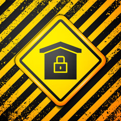 Black House under protection icon isolated on yellow background. Home and lock. Protection, safety, security, protect, defense concept. Warning sign. Vector Illustration