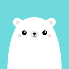 Polar white bear cub face. Cute cartoon kawaii funny baby character. Arctic animal. Hello winter. Merry Christmas. Happy New Year. Flat design. Hello winter. Blue background.