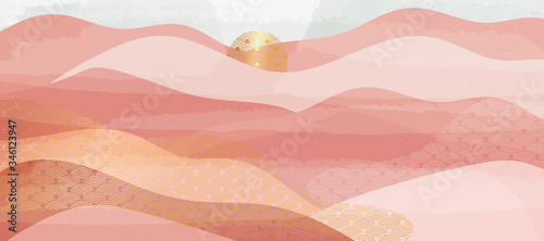 Fotomural Japanese Cover background template with copy space for text and images design by abstract wave, sun and gold pattern