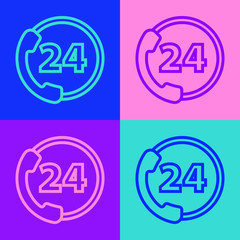 Poster - pop art line telephone 24 hours support icon isolated on color background. all-day customer support 