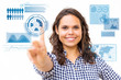 © Mangostar - Happy cheerful student girl touching virtual statistics. Young woman in casual checked shirt standing isolated over white background. Advertising or technology concept