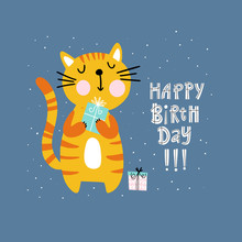 Cute Happy Birthday Card With Cat