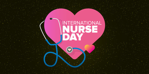 Wall Mural - vector international nurse day greeting card or horizontal banner with stethoscope isolated on srarry black background. vector nurses day icon or sign design template