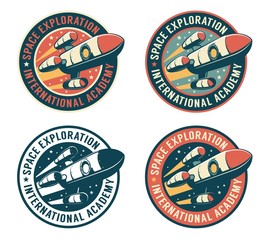 Wall Mural - space badge with flying rocket. galaxy exploration retro emblem with spaceship. vector vintage illus