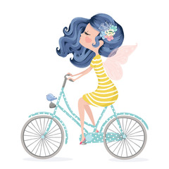 Wall Mural - Cute fairy on bike with little bird, vector illustration for kids.