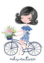 Cute Girl On Bike With Spring Flowers, Vector Illustration For Kids.