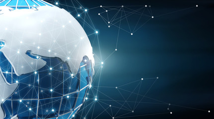 Poster - Planet Earth with mesh representing international connections on dark background, copy space. Panorama