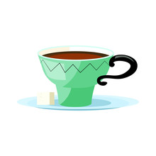 Green Coffee Cup Illustration. Sugar, Mug, Black Pattern, Saucer. Illustration Can Be Used For Topics Like Cafe, Cooking, Drinking, Kitchen